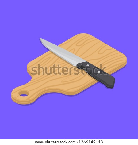 Knife and board for cutting on the isolated background. Kitchen accessory.3D. Isometric vector illustration. Flat style. Elements for design.