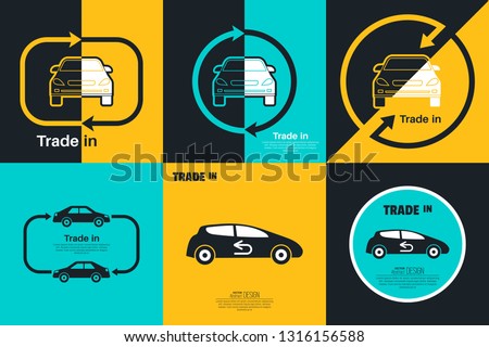 Set of Trade in concept. Exchange of the car with surcharge. Concept get prettier transactions it is made with the vehicle. Vector element of graphical design 