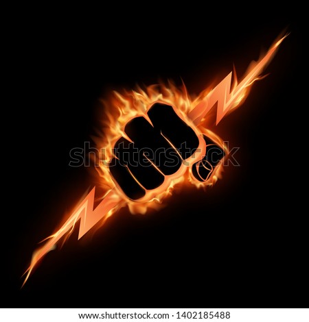 A burning fist squeezes a lightning bolt.The vector illustration symbolizing force, the power. A logo, a sign for the power companies, fight club. Design element. Vector illustration. 商業照片 © 