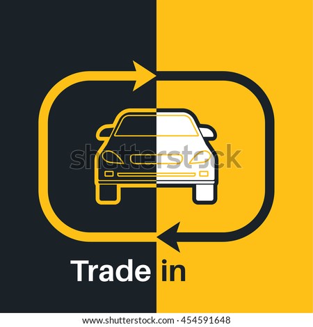 Two halves of the car with an exchange arrow index on a yellow and black background. Concept get prettier transactions it is made with the vehicle. A vector illustration in flat style.