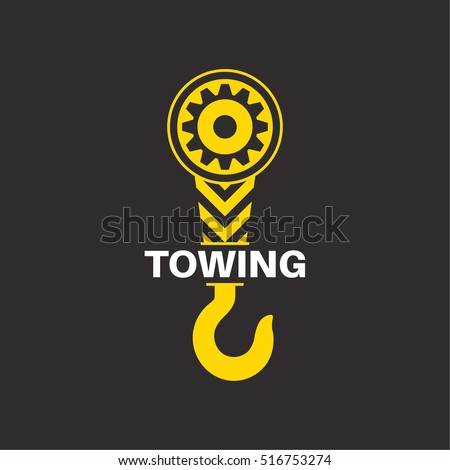 Tow truck icon. Wrecker logotip. Towing hook. Round the clock evacuation of cars. Winch. Design can be used as a logo, a poster, advertising, singboard. Vector element of graphic design