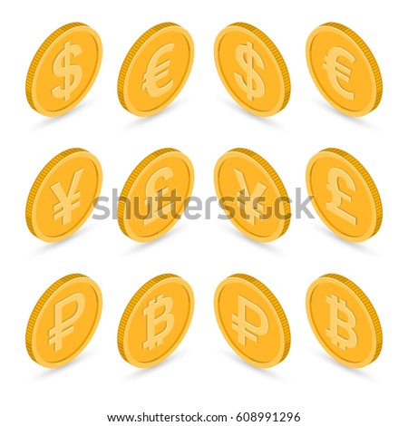 Set of icons coins on the isolated white background. Bank notes dollar, euro, pound sterling, yuan, ruble, bitcoin. Symbols of currencies in isometric, 3D style. Vector illustration.