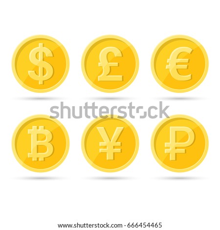A set of icons of coins on the isolated white background.Bank notes dollar,  Bank notes euro, pound sterling, yuan, ruble, bitcoin.Symbols of currencies in flat style. Vector illustration.