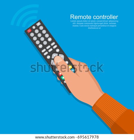 The hand of the man operates the remote control.Flat design on the isolated background.Vector illustration.