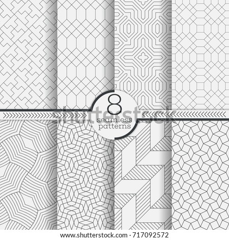 Set of vector seamless patterns. Modern stylish geometric textures. Infinitely repeating geometrical ornaments with different geometric shapes: Crosses, thin lines, triangles, rhombuses, diamonds