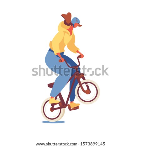 Isolated on white background young girl in helmet riding bmx sport bike good for dirt and motocross games. Character doing jump trick.