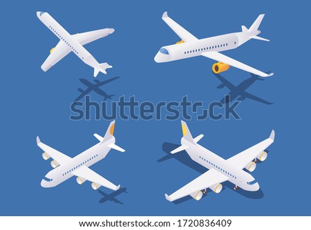 Isometric passenger airplanes during take-off, in flight and on ground. Vector concept collection isolated on blue background with shadows