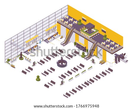 Isometric airport design example, arrival and departure zone, waiting area. With a cafe, chairs, benches, an excavator, self check-in desks and an inspection area