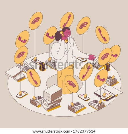 Concept isometric illustration with overworking woman with lots of phone calls. Telephones and mobile phones calling around. Stressed character in outline mode