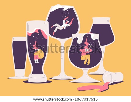 People suffering from hard drinking. Concept illustration with depressed characters sink in various alcohol glasses. Alcoholism effects