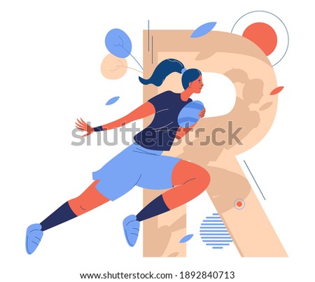 Large letter R and woman with ball running while rugby game. Female healthy character in active jumping pose. Concept sport illustration Photo stock © 