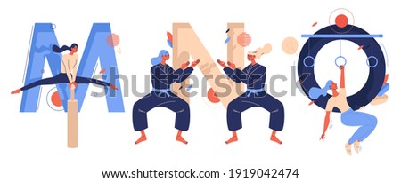 Letters M for mallakhamb yoga, N for ninjutsu martial arts fighters, O for obstacle course racing women training. Educational collection with active female characters drawn with blue and beige Stock fotó © 