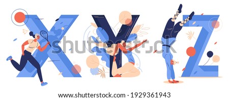 Sport letters X for xare game, Y for yoga, Z for zui quan. Women training, running and doing salto. Vector concept illustration collection