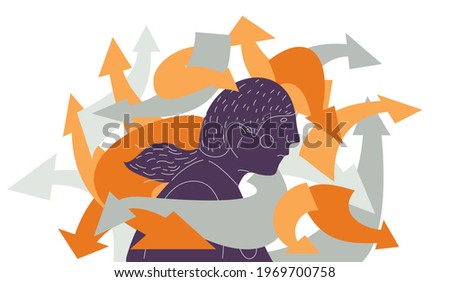 ADHD vector concept with male head in plenty of arrows in doubt isolated on white