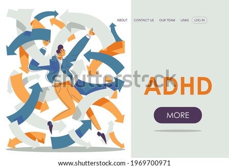 ADHD landing page template with man in doubt among plenty of arrows. Mental health banner 