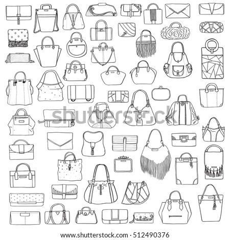 Large vector set of black and white doddle fashion bags, hand drawn with black ink, isolated on white background. Illustration with group of various handbag, purse, pouch, satchel, clutch, bag.