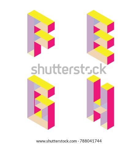 Bright isometric font with transparent parts. English letters F F G H isolated on white good for lettering and design