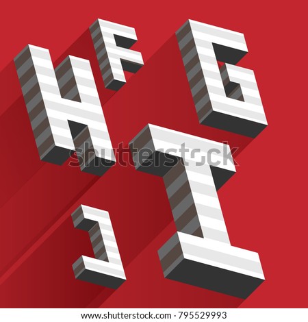 Isometric letters F H I G J drawn with stripes and fallen shadows on red background. Grey letters, good for lettering and writing qoutes