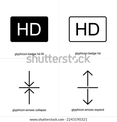 glyphicon badge hd fill, badge hd, arrows collapse, arrows expand