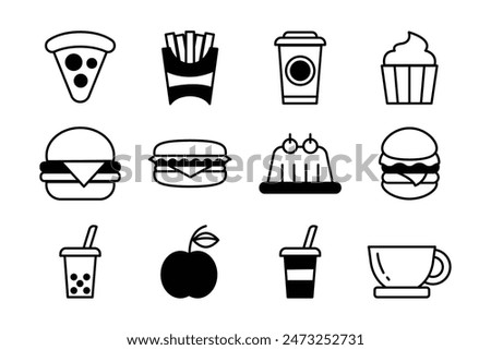 black and white fast food flat icon set on background