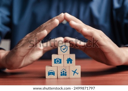 Image, Stock Photo Businessman with wooden blocks and red arrow