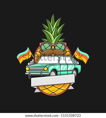 Old lada car with cool pineapple and flag background badge template