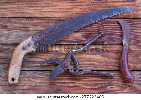 the old garden tools on a wooden table