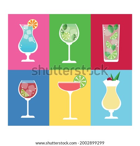 Set of flat vektor illustrations of cocktails. Pina colada, daiquiri, mojito, hugo, campari tonic, long island