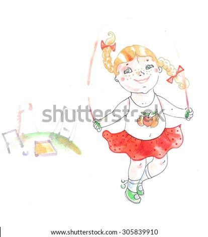 A happy girl is jumping in the yard. She has a skipping rope. Her pigtails with red ribbons are swinging. She is smiling. She has red skirt, white t-shirt with fruit and stockings. She has round face.