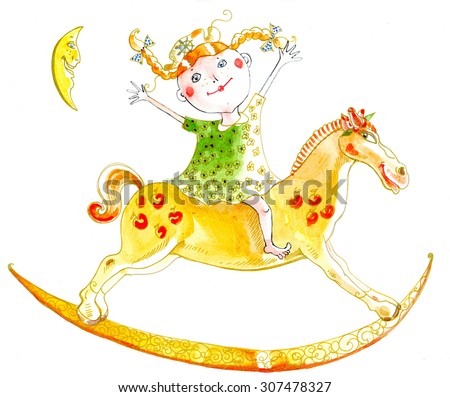 Girl is riding a toy-horse. She has red hair and pigtails.The moon is laughing. The girl is rising her hands high. She has red cheeks and green clothes. The horse has red apples on its body.