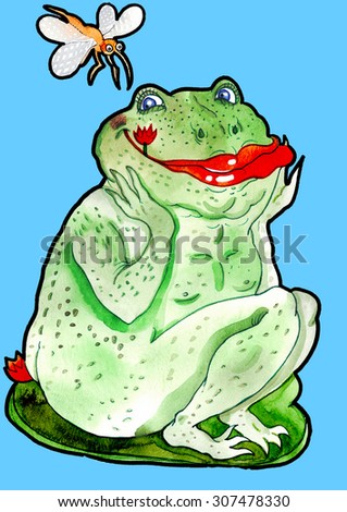 The thick frog is sitting on the water-lily in the pond. Nearby flies a mosquito. The frog is chewing a flower and smiling with her big red lips. She is glad and happy. She has small pimples.