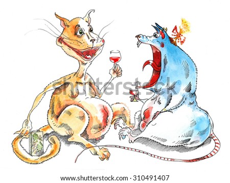 Cat and mouth are drinking vine and talking to each other. The cat is smiling, the mouth has its mouth wide opened. The animals have red bellies and long tails. They become friends.