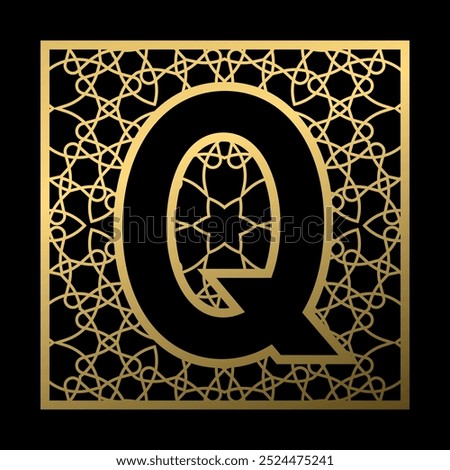 Letter Q is carved in vintage patterned square on black background. Golden monogram in vintage style.