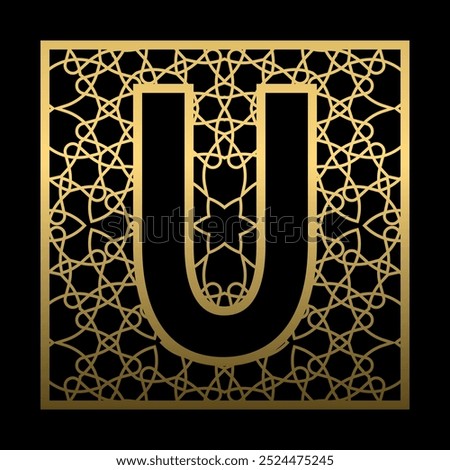 Letter U is carved in vintage patterned square on black background. Golden monogram in vintage style.