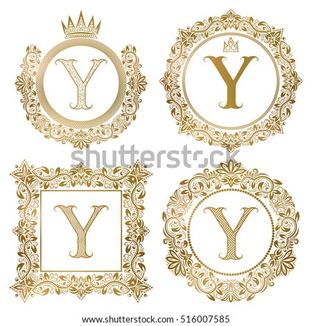 Golden letter Y vintage monograms set. Heraldic coats of arms, round and square frames.