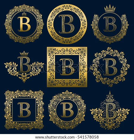 Vintage monograms set of B letter. Golden heraldic logos in wreaths, round and square frames.