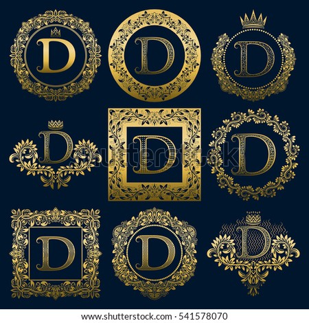 Vintage monograms set of D letter. Golden heraldic logos in wreaths, round and square frames.