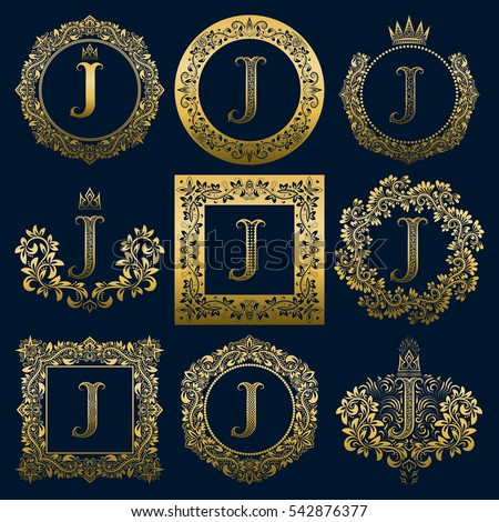 Vintage monograms set of J letter. Golden heraldic logos in wreaths, round and square frames.