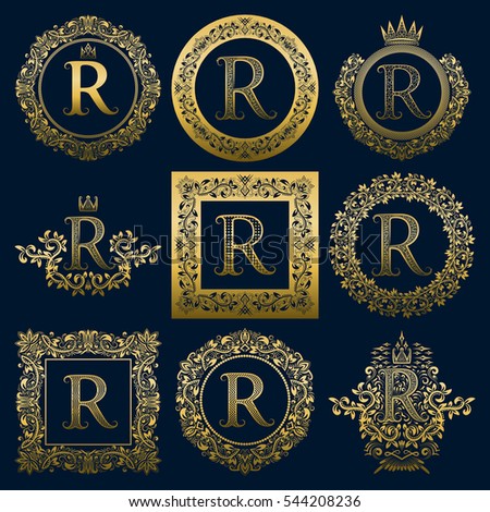 Vintage monograms set of R letter. Golden heraldic logos in wreaths, round and square frames.