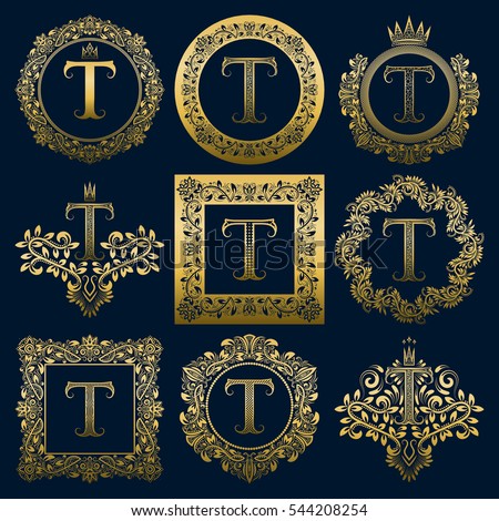 Vintage monograms set of T letter. Golden heraldic logos in wreaths, round and square frames.