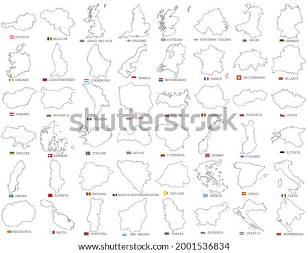 Big vector set of all Europe states, countries line, linear thin maps isolated on white background. High detailed editable illustration of Europe maps. Maps of European countries with names and flags