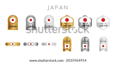 Made in Japan Label, Stamp, Badge, or Logo. With The National Flag of Japan. On platinum, gold, and silver colors. Premium and Luxury Emblem