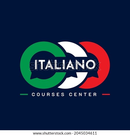 Learning Italian Language Class Logo. language exchange program, forum, speech bubble, and international communication sign. With Italy Flag