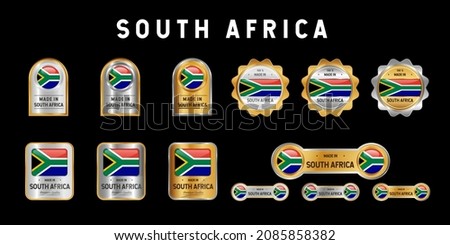 Made in South Africa Label, Stamp, Badge, or Logo. With The National Flag of South Africa. On platinum, gold, and silver colors. Premium and Luxury Emblem