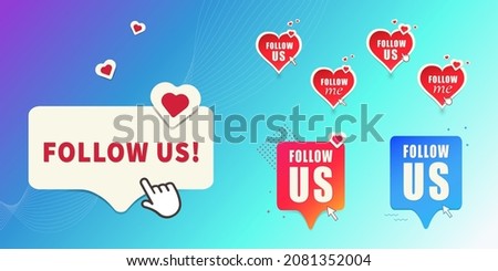 Follow us, Follow me. Charming business buttons set. The buttons are isolated on a turquoise blue background with the image of the waves. 3 D. Vector illustration. Stok fotoğraf © 
