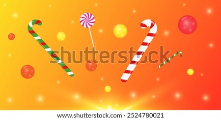 Merry Christmas! A festive background depicting a colorful explosion of candies and lollipops. 3 D. Vector illustration.