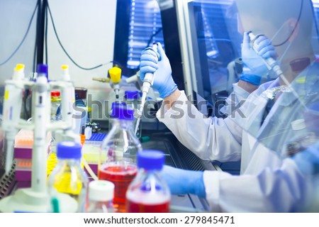 Young scientist in the middle of his work with tissue cultures in lab