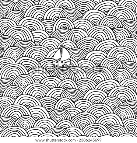A lone boat sails floating on the waves. Clouds, sun, waves, boat, sea. Adult Coloring Book Page.