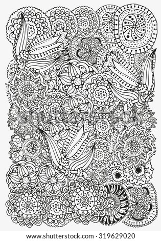 Pattern for coloring book.  Ethnic, floral, retro, doodle, tribal design element. Black and white  background. Zentangle patterns. A4 size.