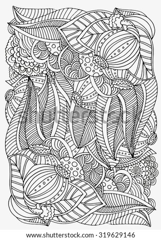 Pattern for coloring book.  Ethnic, floral, retro, doodle, tribal design element. Black and white  background. Zentangle patterns. A4 size.